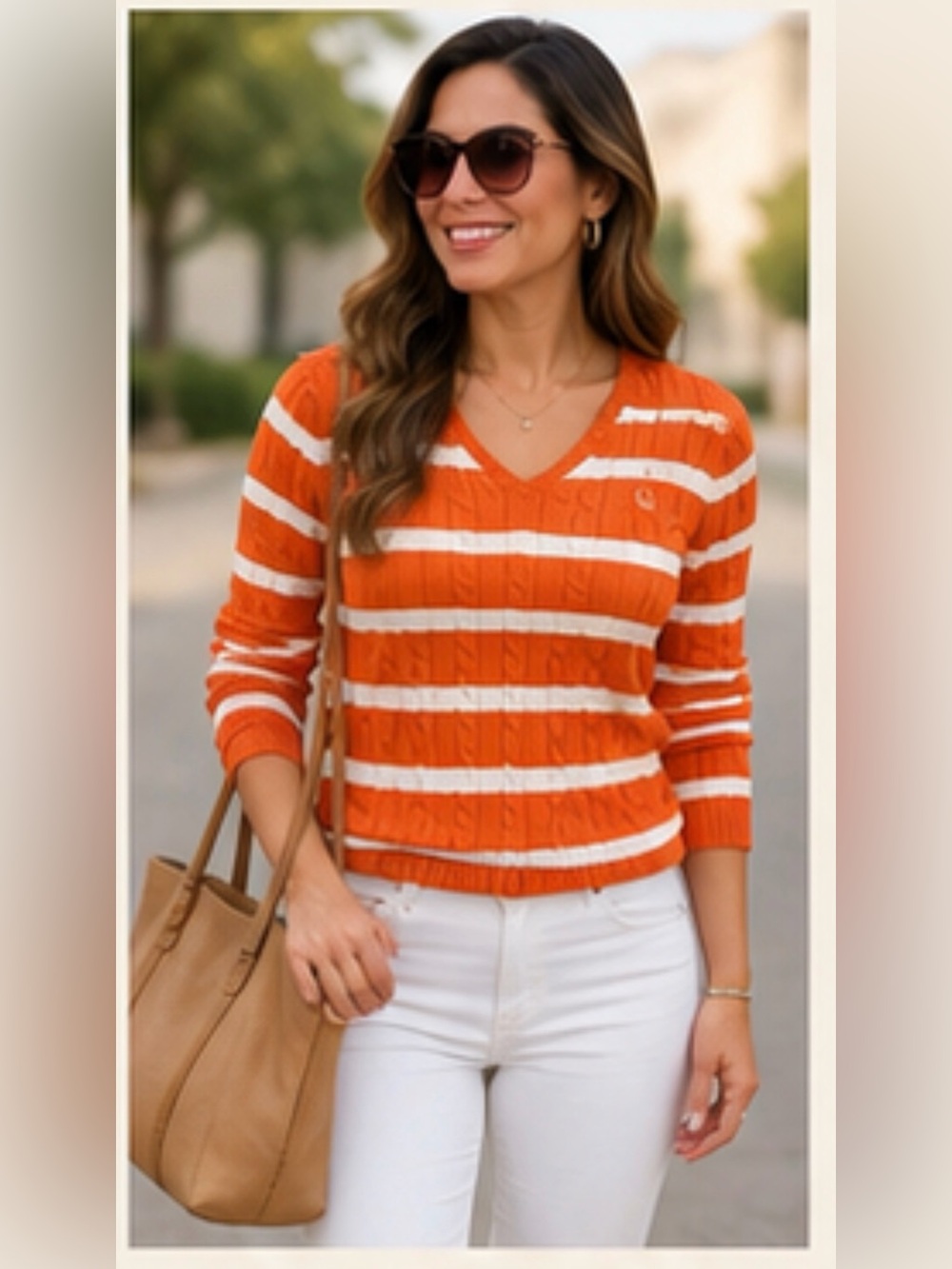 Lauren Ralph Lauren Cable Knit Striped V-Neck Sweater Orange White Cotton Size M